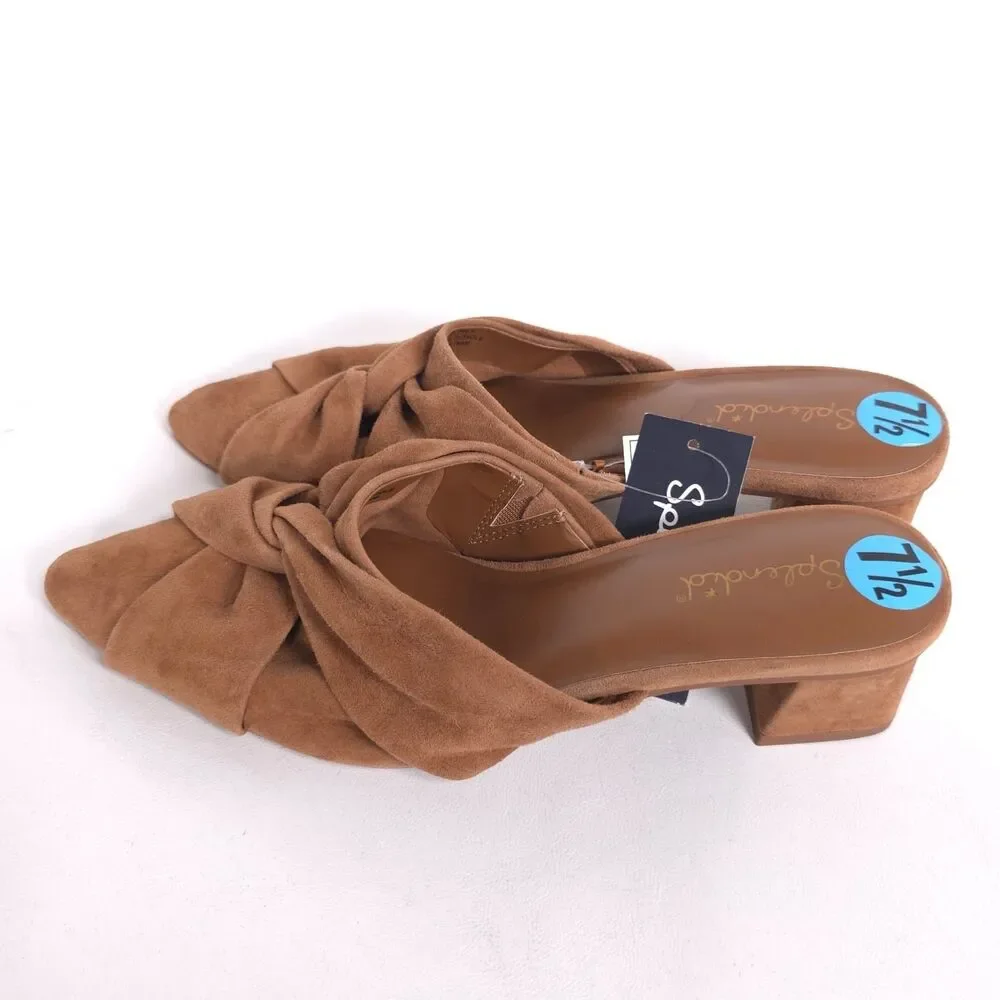 Splendid New Lanis GENUINE SUEDE LEATHER Mules 7.5 M Caramel Knot Heeled Pointed